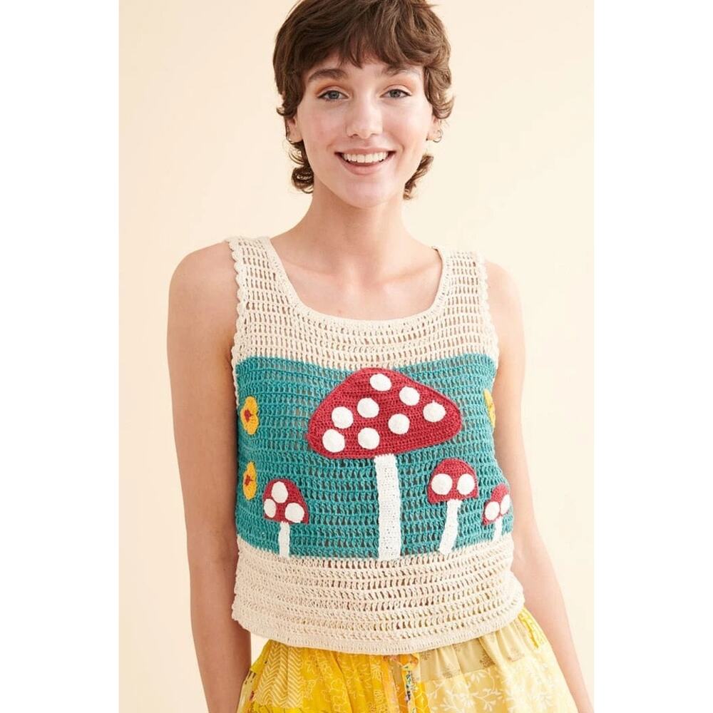 Crochet Mushroom Tank Top - Cream and Teal